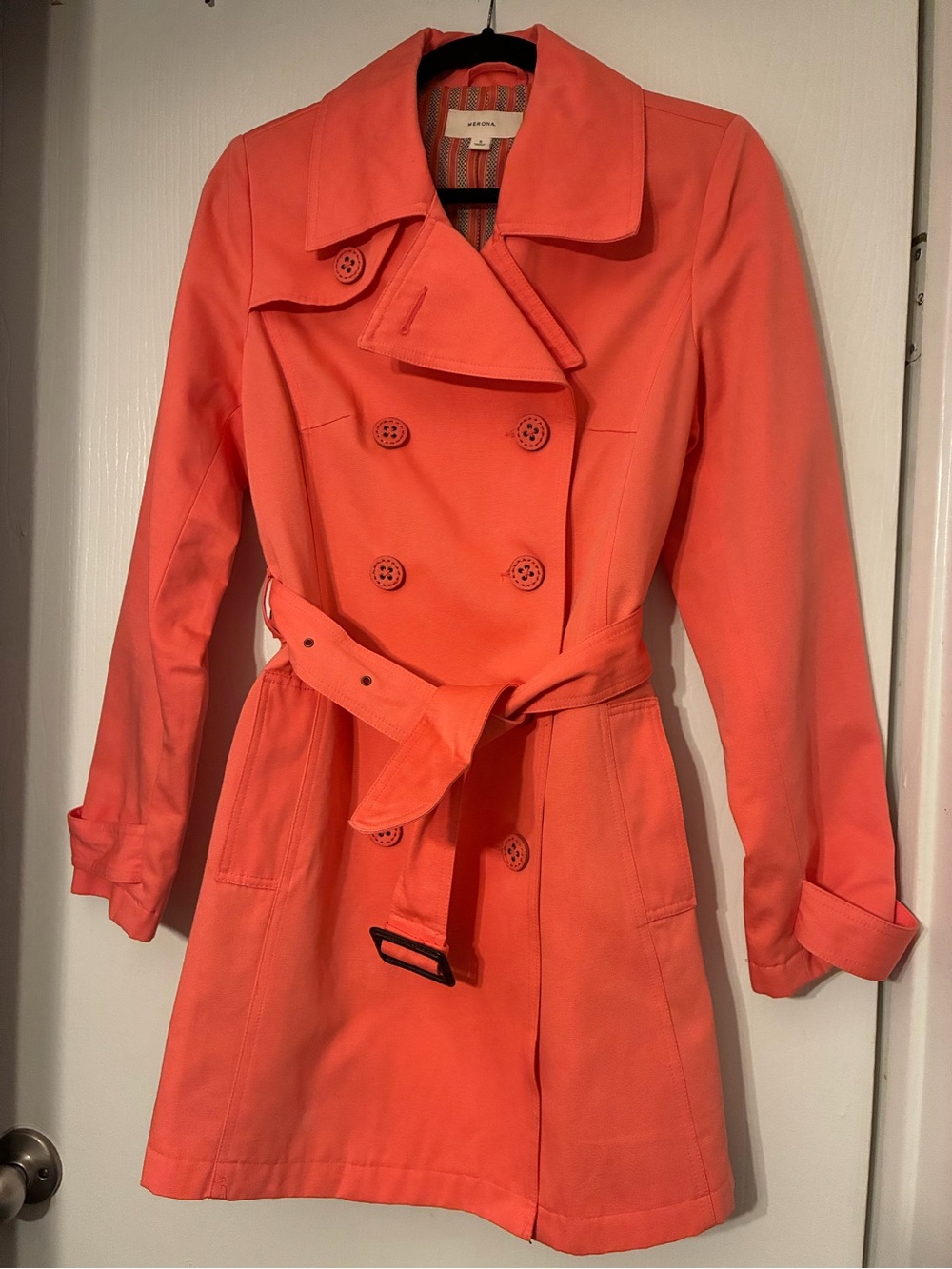 Coral Double-Breasted Trench Coat with Waist Tie size Small